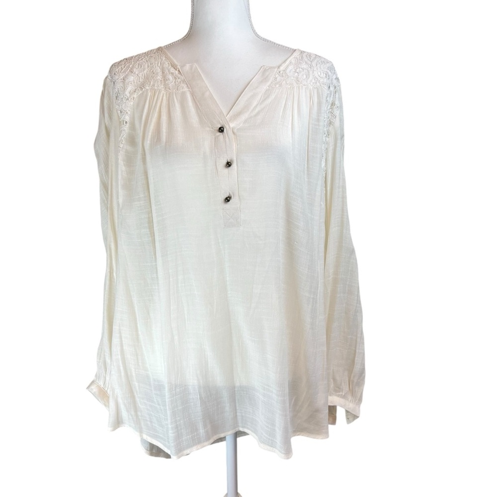 BRINA & EM Cream Ivory Lace Tunic Top 2X Romantic Lightweight Sheer‎ Long Sleeve